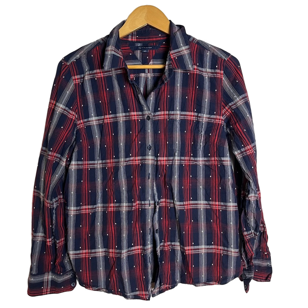 Tommy Hilfiger Plaid Cotton Button Down Shirt Blue Red Large Preppy Office